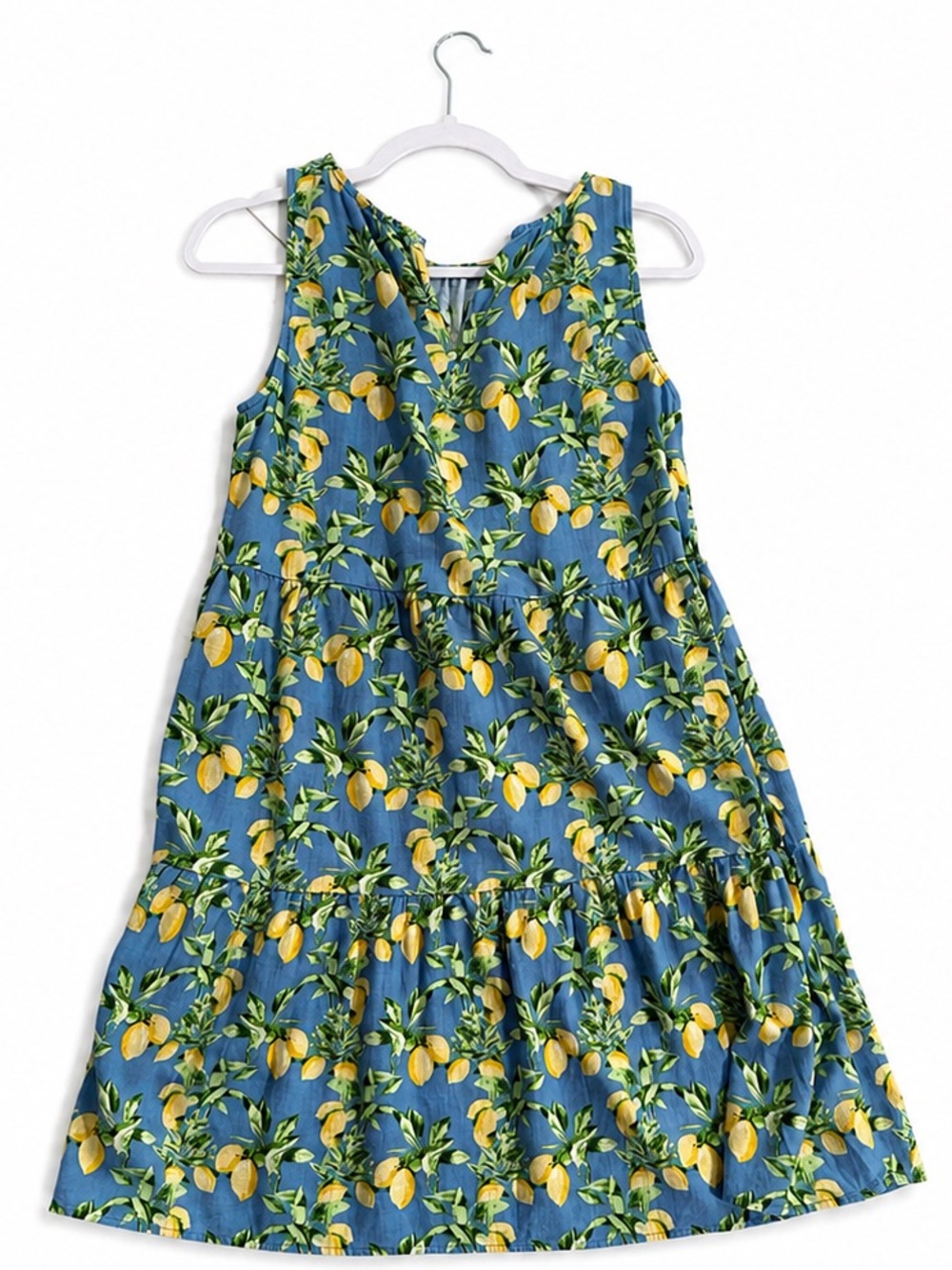 LOFT Blue Lemon Print Sleeveless Tiered Dress